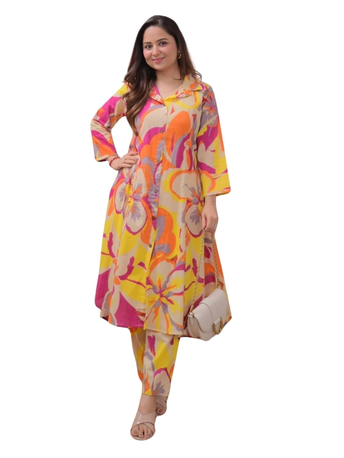 Ivory Green Floral Rayon A LINE Kurta Palazzo Set