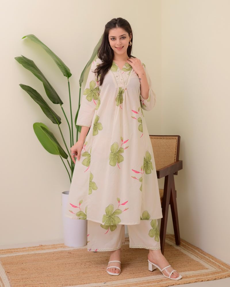 Ivory Green Floral Rayon A LINE Kurta Palazzo Set