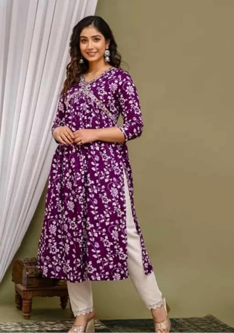 Women's Floral Print Rayon Kurta Set with Lace Pants