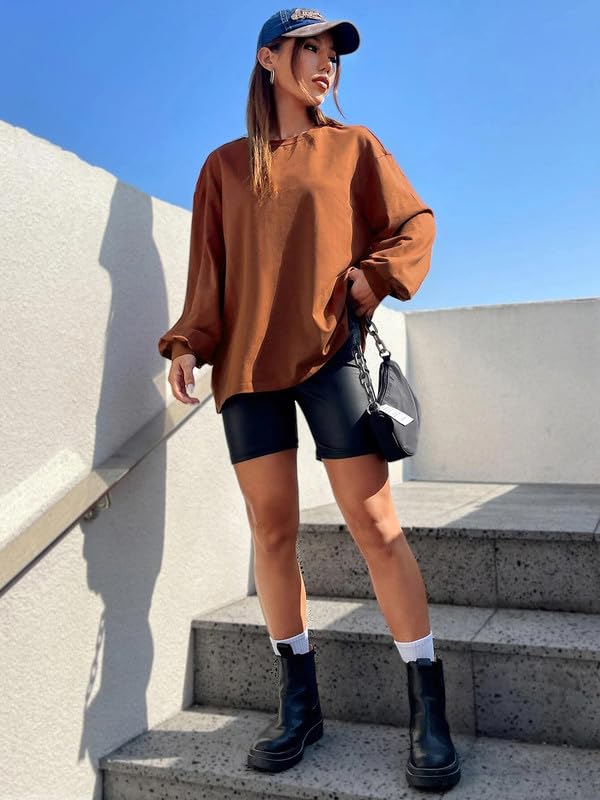 CHKOKKO Oversized Round Neck Drop Shoulder Solid