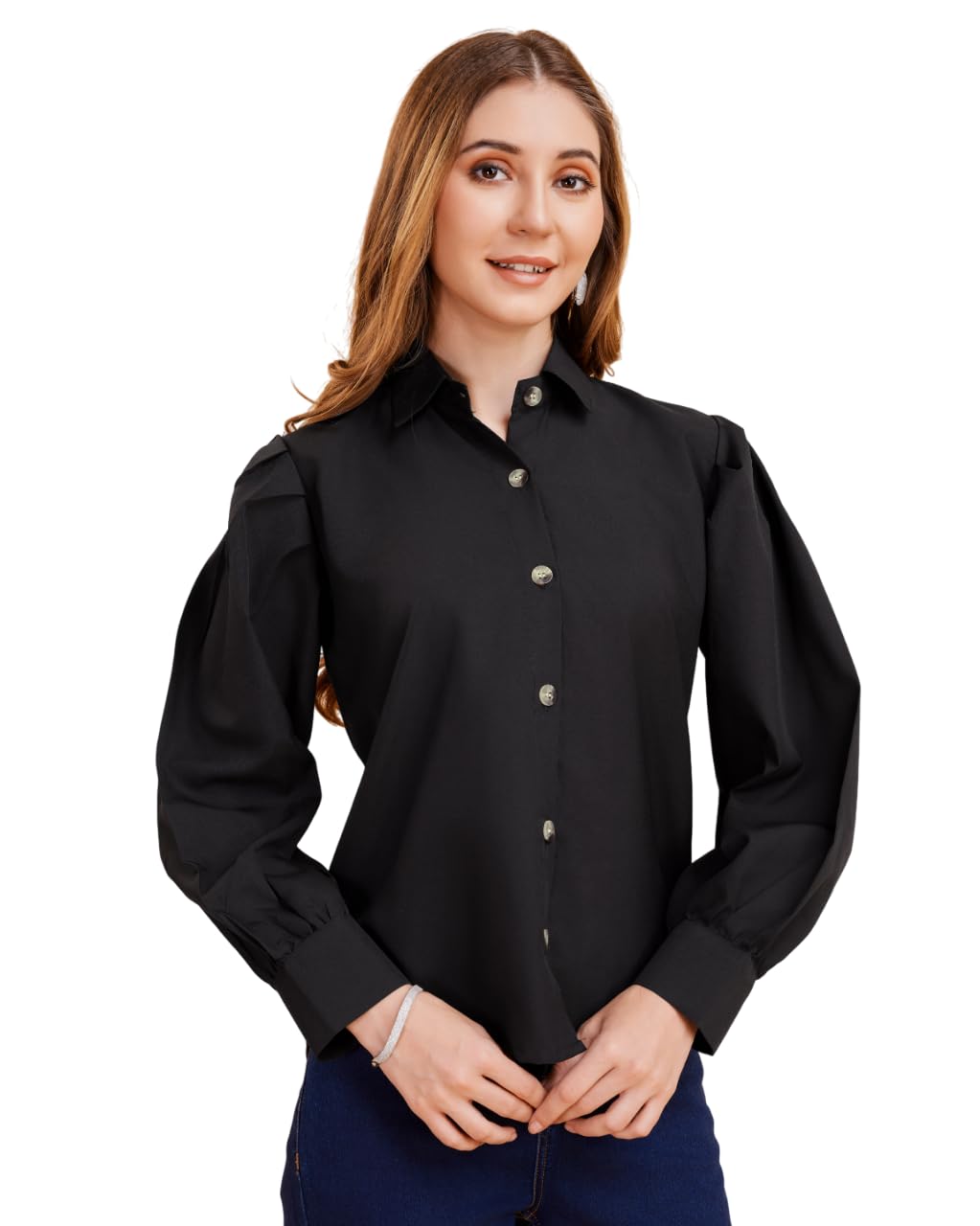 harshiv Enterprise Women's Crepe Casual Balloon Sleeve Shirt | Stylish Lightweight Top for Office, Travel Comfortable, Breathable, Easy to Care Fabric