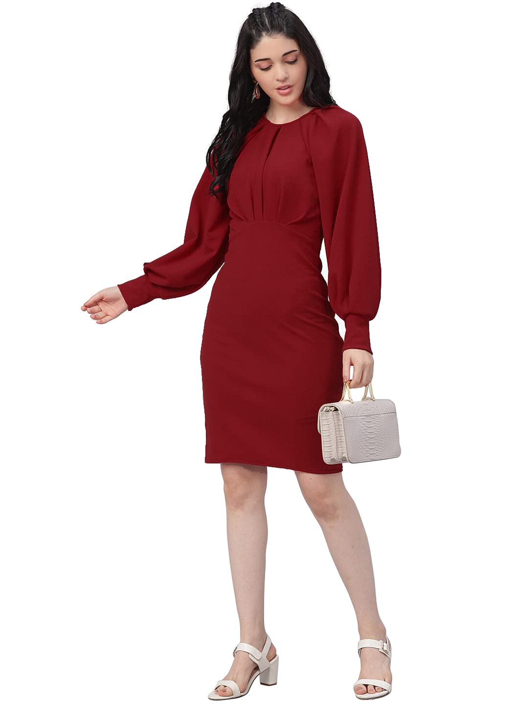 Shasmi Women's Comfortable Mustard Round Neck Full Sleeve Solid Midi Bodycon Casual Western Stylish Dress