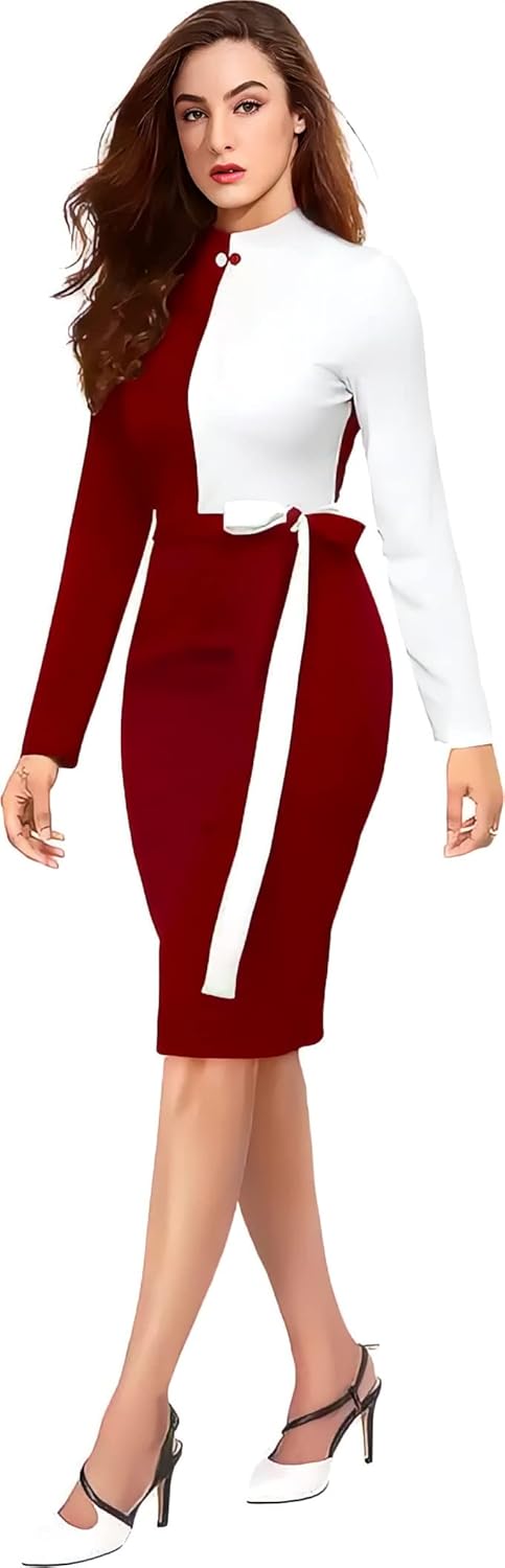 ZELZIS Women Polyester Colourblock Western Bodycon One Piece Dress (Classic Coller with Comfortable Belt)