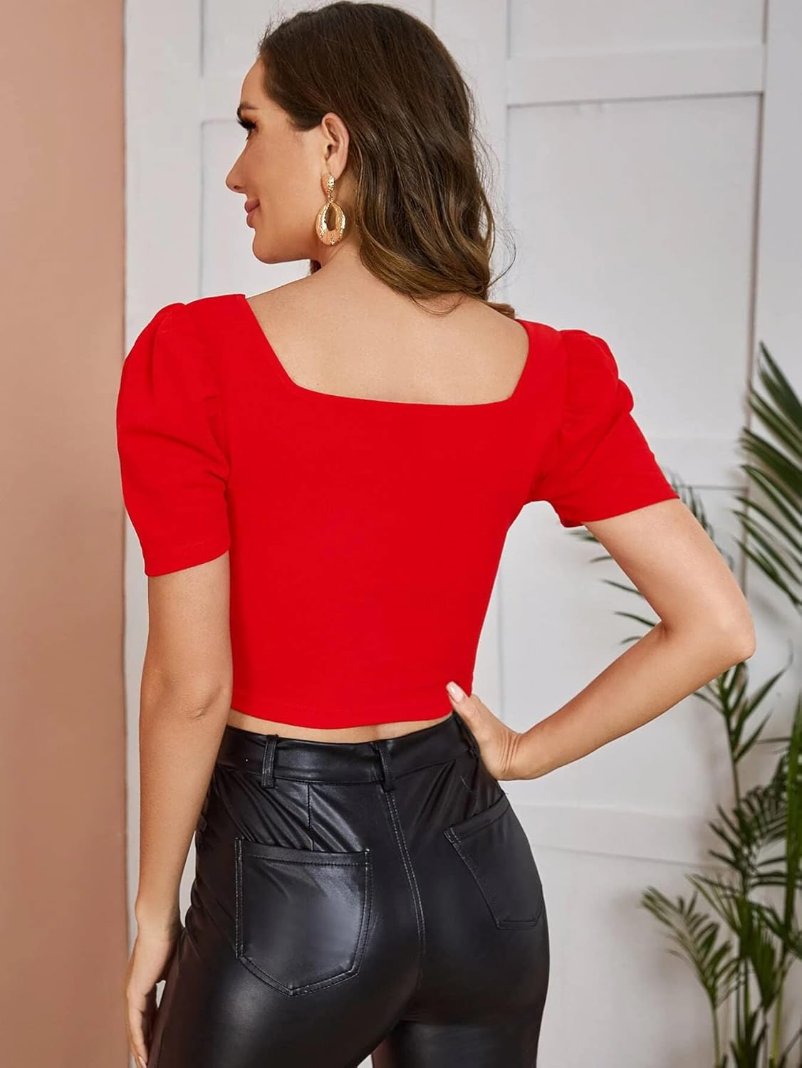 Istyle Can Solid/Plain Puff Sleeve/Short Sleeve Square Neck Slim Fit Streachable Lycra Blend Crop Top for Women | Crop top | Square Neck top | top for Women