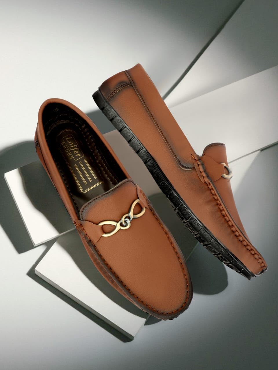 Men's Classic Loafers with Metal Buckle Detail, Black - alphahostel.in