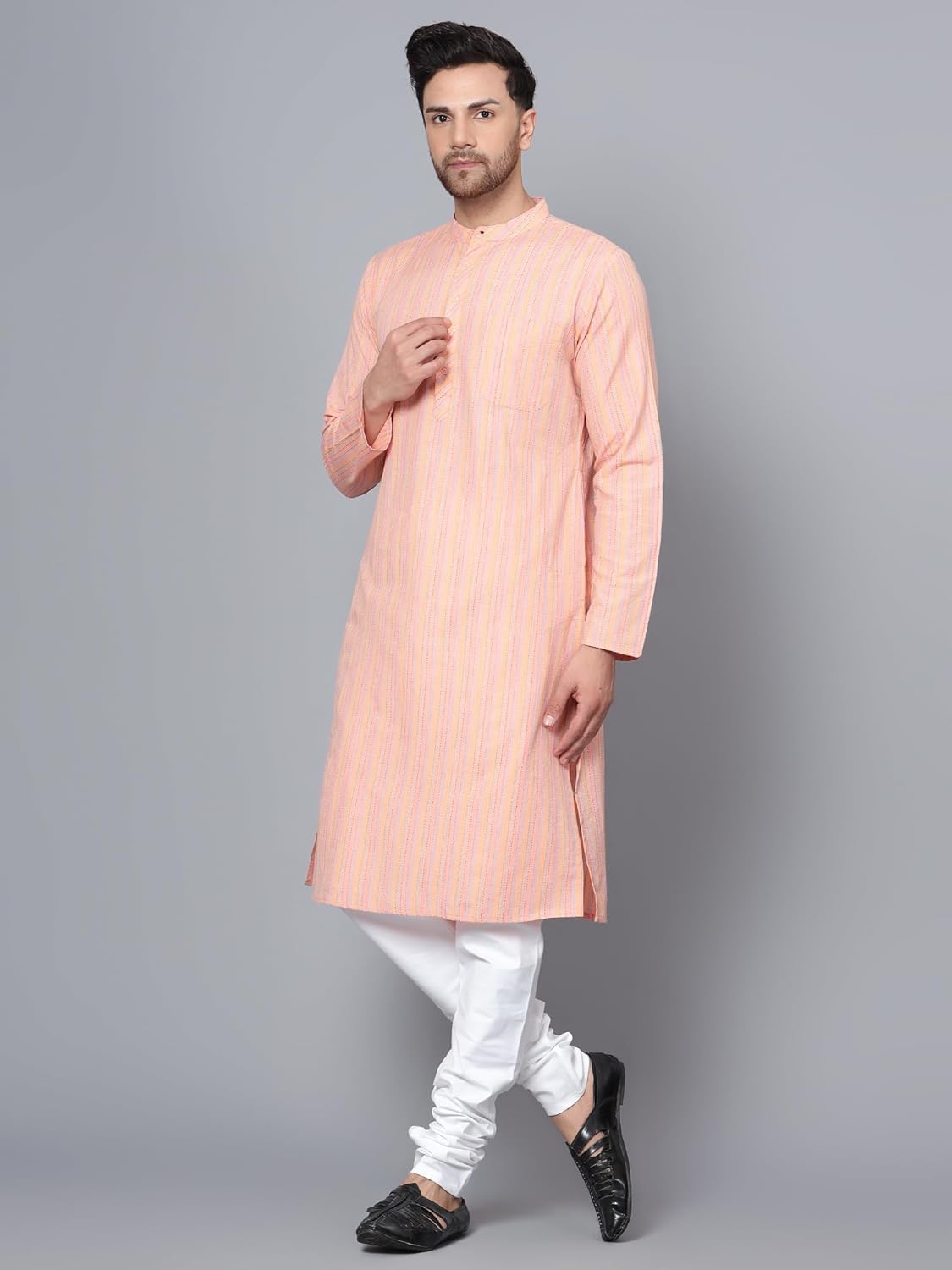 CHIKAN Men's Cotton Regular Striped Knee Lenght Kurta