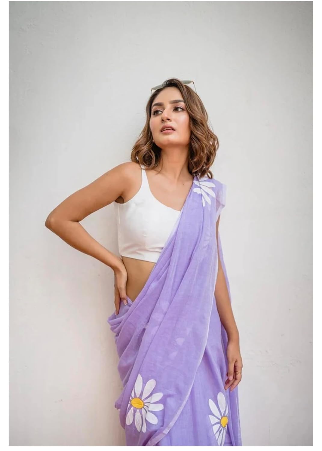Linen Saree with White Daisy Floral Print, With Blouse