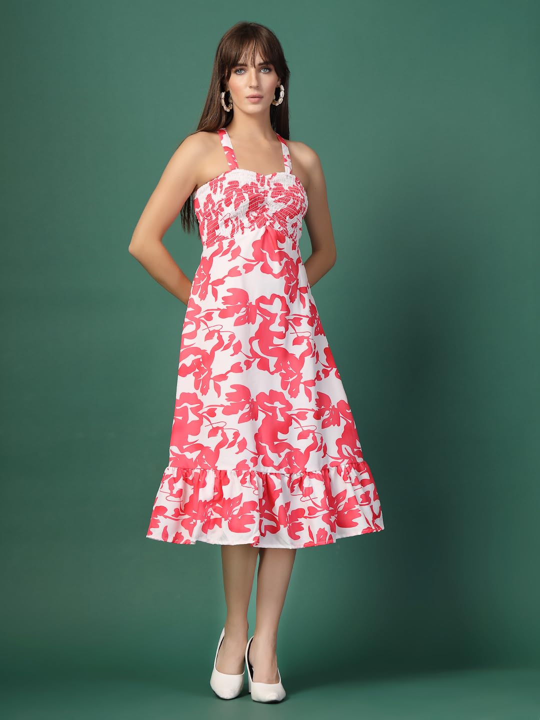 OOMPH! Women A-Line Printed Crepe Midi Dress, Smocked Bodice