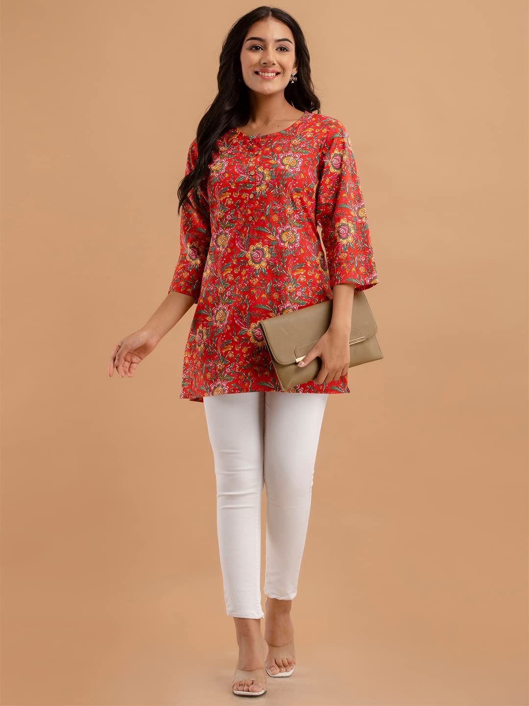 feranoid Women Cotton Printed Straight Short Kurti