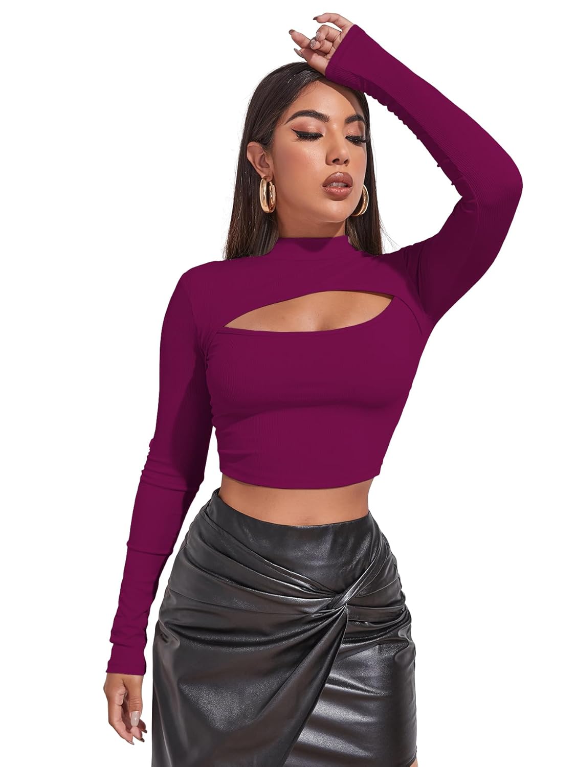 Sugathari Women's & Girl's Solid Knitted Full Sleeve High Neck Ruched Bust Crop Tee Tops (Top 109)