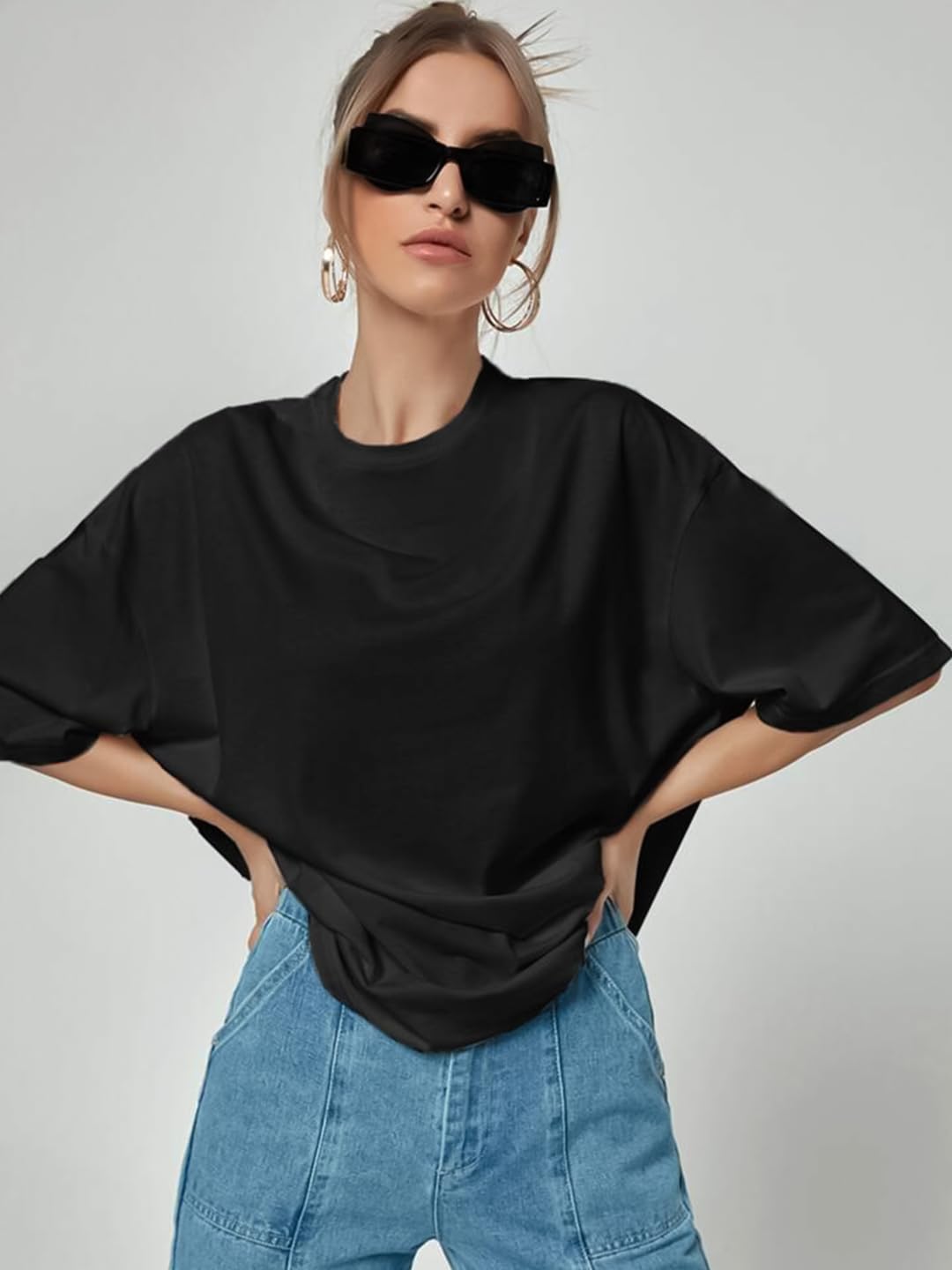 CHKOKKO Oversized Round Neck Drop Shoulder Solid