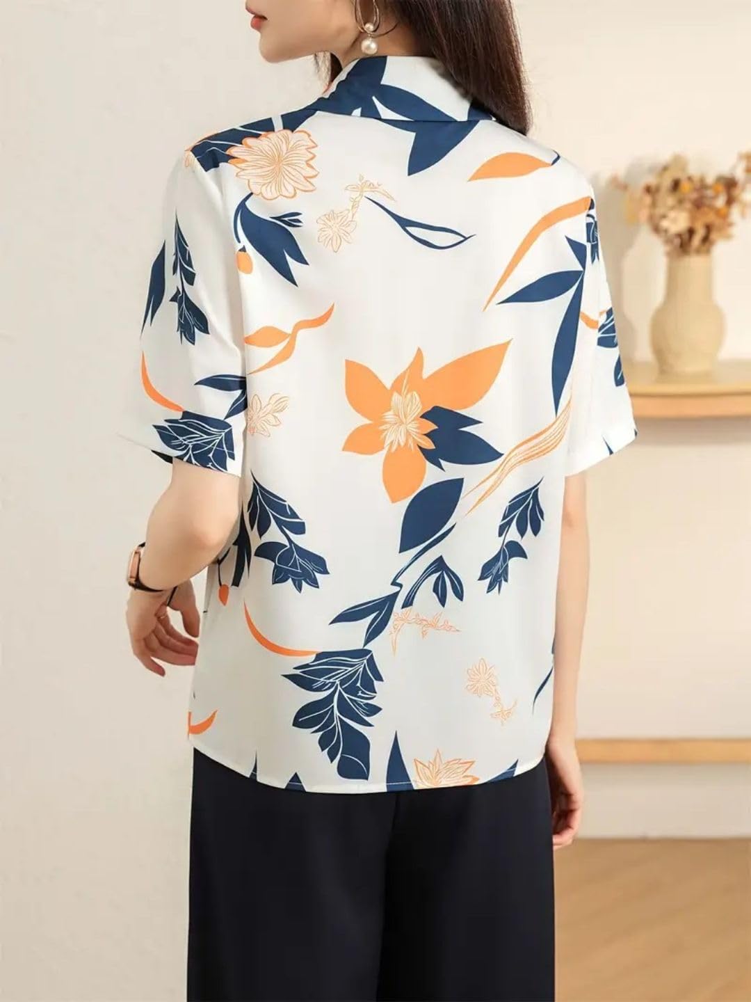 Trendy Queen Women's Short Sleeve Button-Down Shirt | Printed Casual Crop Top | Stylish Collared Shirt for Women | Oversized Shirt for Women