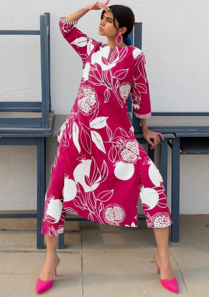 Women's Cotton Blend Straight Printed Kurta with Pant