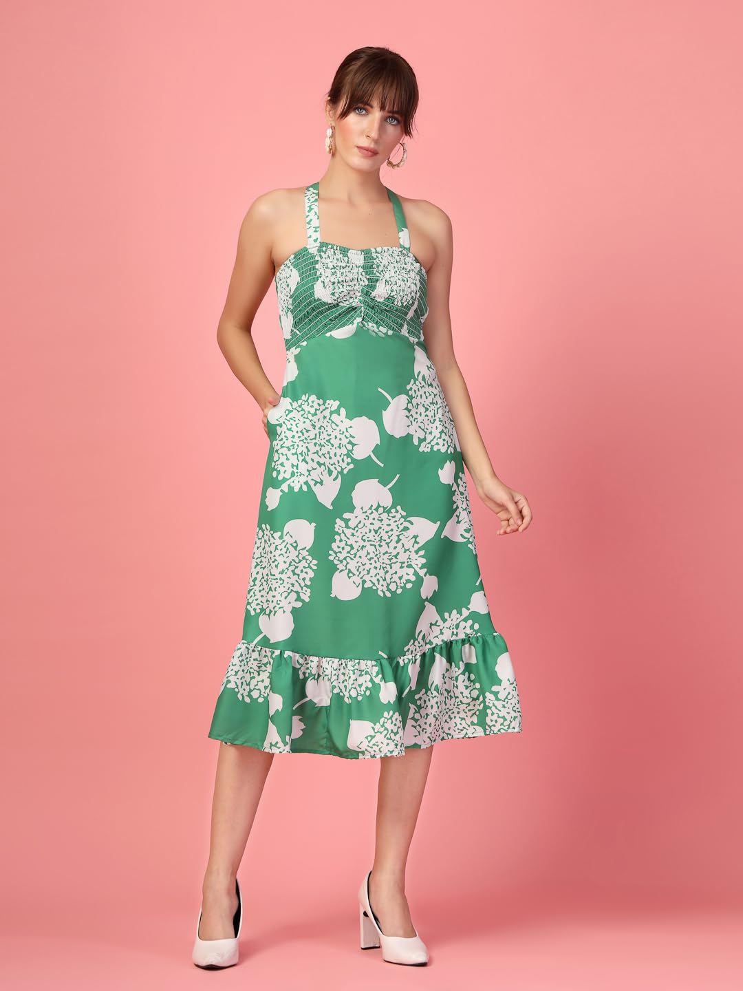 OOMPH! Women A-Line Printed Crepe Midi Dress, Smocked Bodice