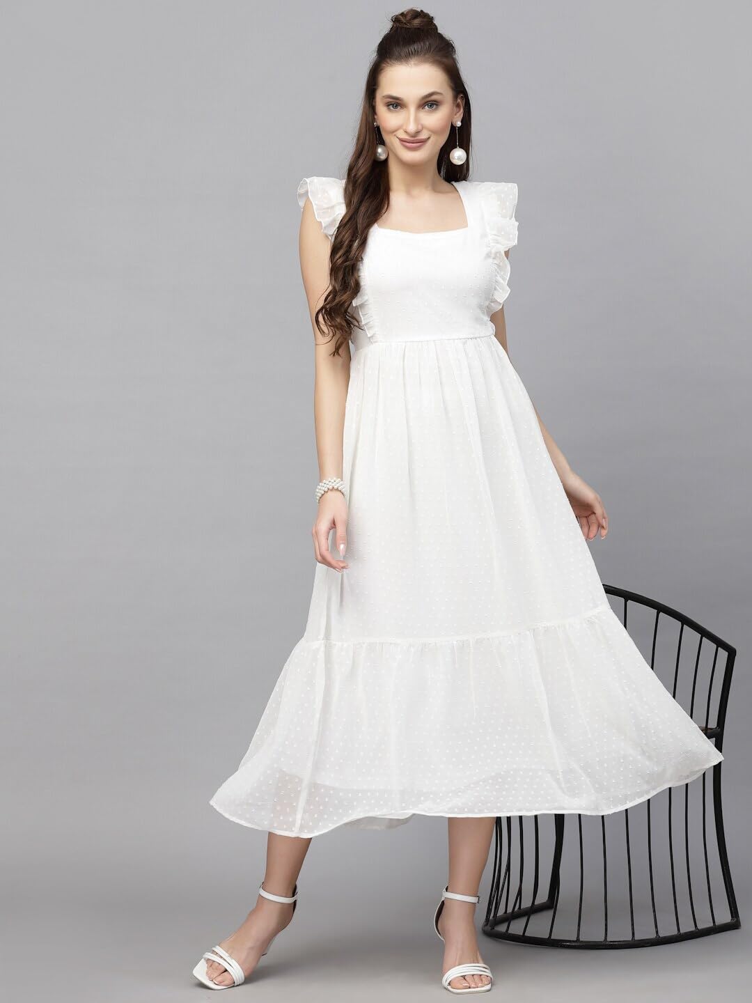 Jacquard Butti Square Neck Knee Length Western Dresses for Women