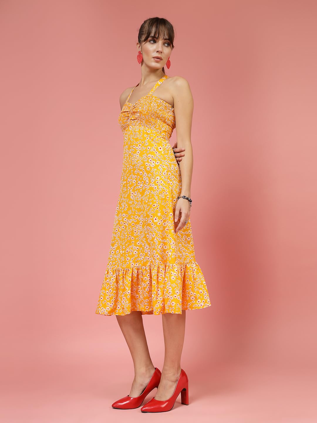 OOMPH! Women A-Line Printed Crepe Midi Dress, Smocked Bodice