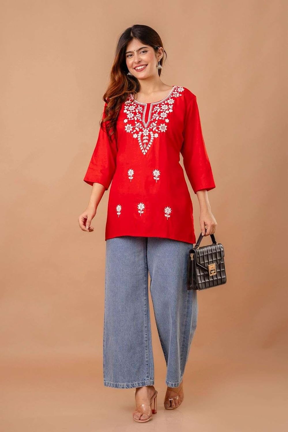 Women's Cotton Kurti with White Floral Embroidery