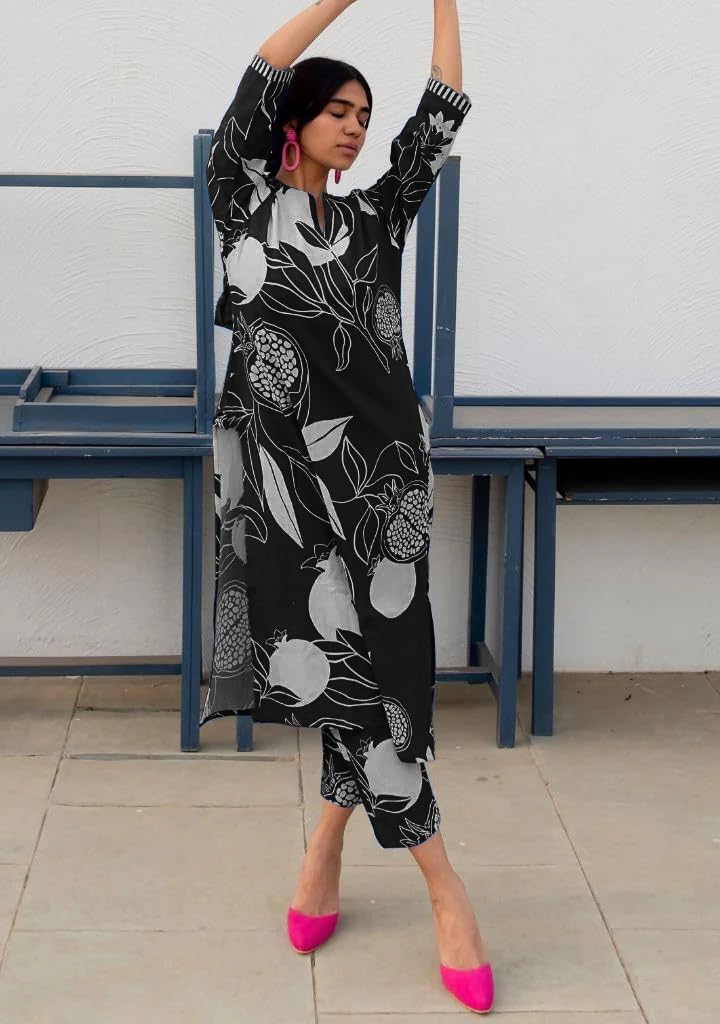 Women's Cotton Blend Straight Printed Kurta with Pant