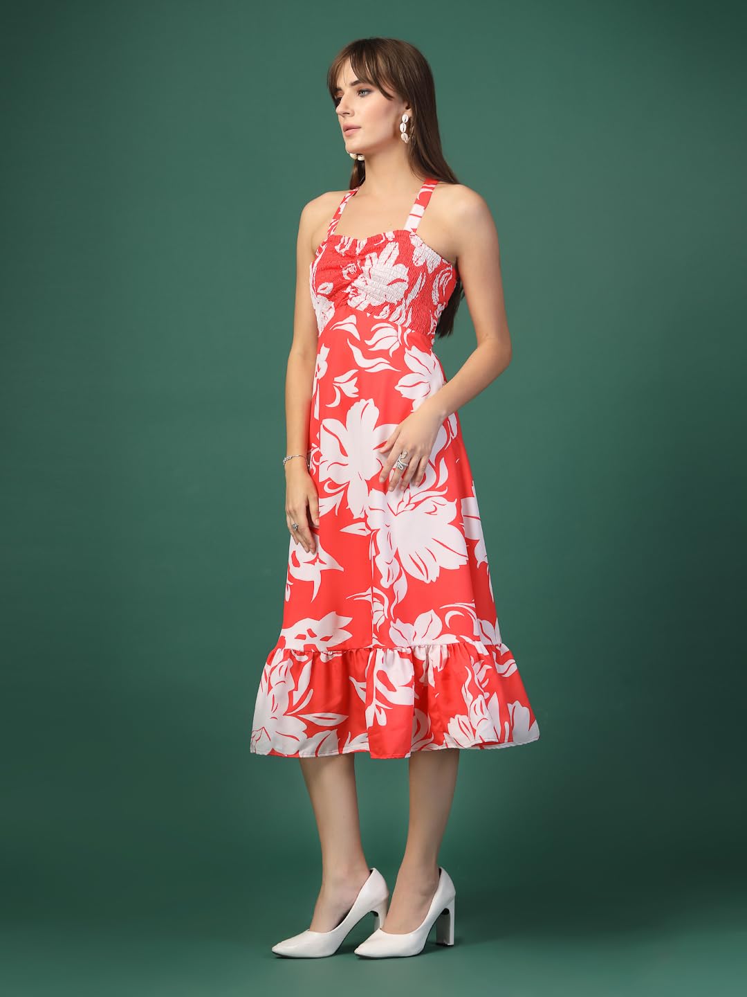 OOMPH! Women A-Line Printed Crepe Midi Dress, Smocked Bodice