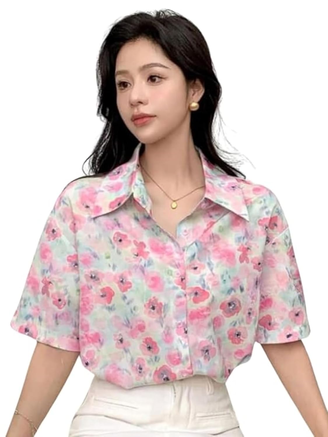 GRECIILOOKS Oversized Shirt for Women – Korean Casual Short Sleeve Loose Fit Top | Plus Size Summer Wear for Girls & Women