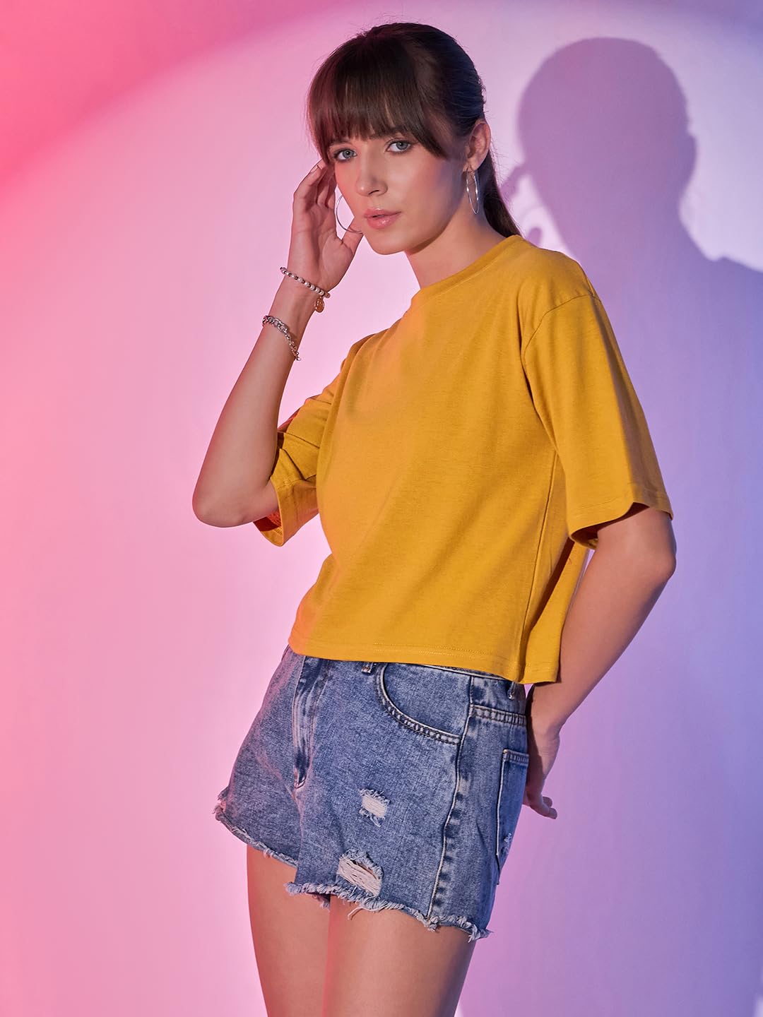 Boxy Fit Drop Shoulder Baggy Fit Cropped Tshirts Cotton Solid Loose Fit Round Neck Women Short T-Shirt