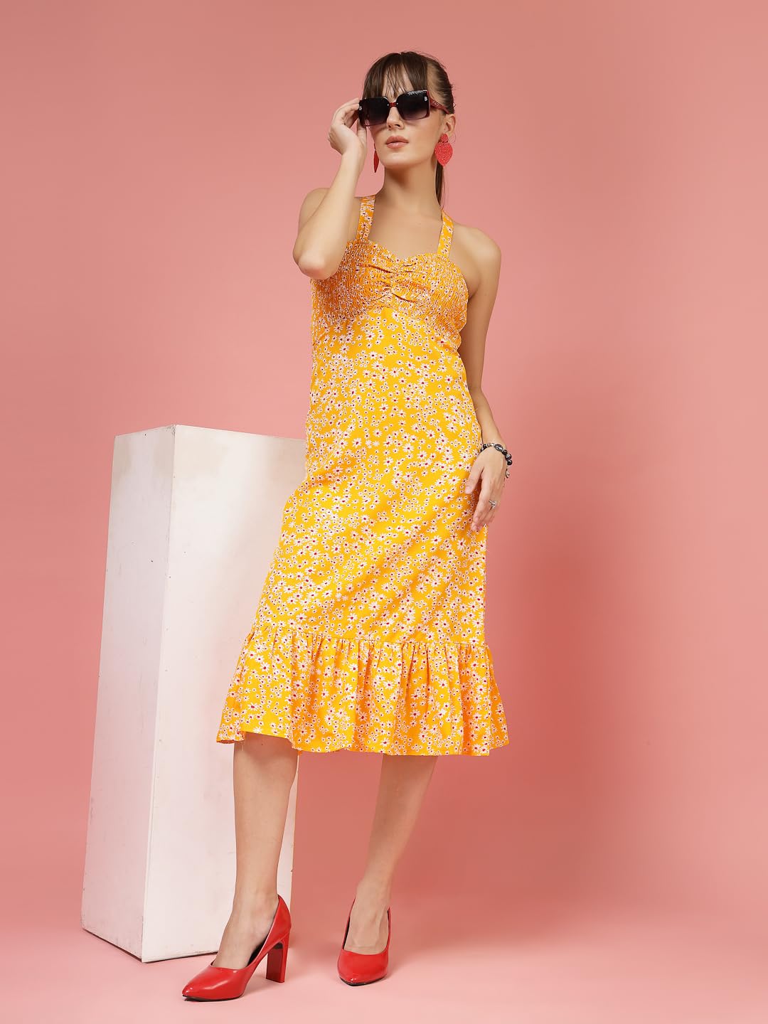 OOMPH! Women A-Line Printed Crepe Midi Dress, Smocked Bodice