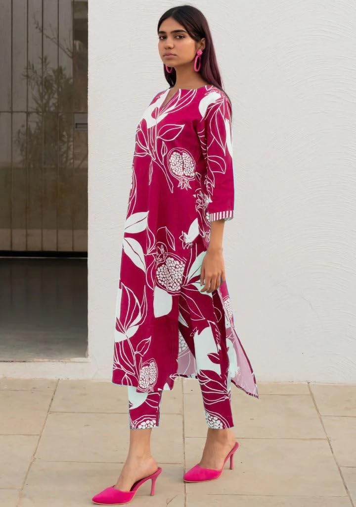 Women's Cotton Blend Straight Printed Kurta with Pant