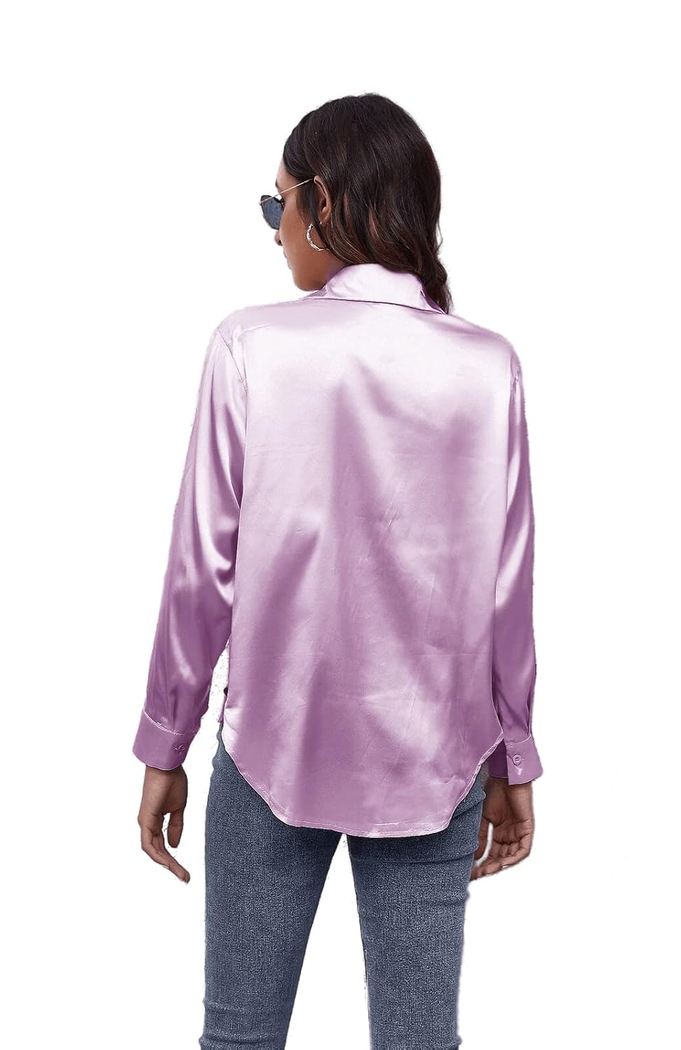 Bowrain Satin Silk Fabric Spread Collar Full Sleeve Top