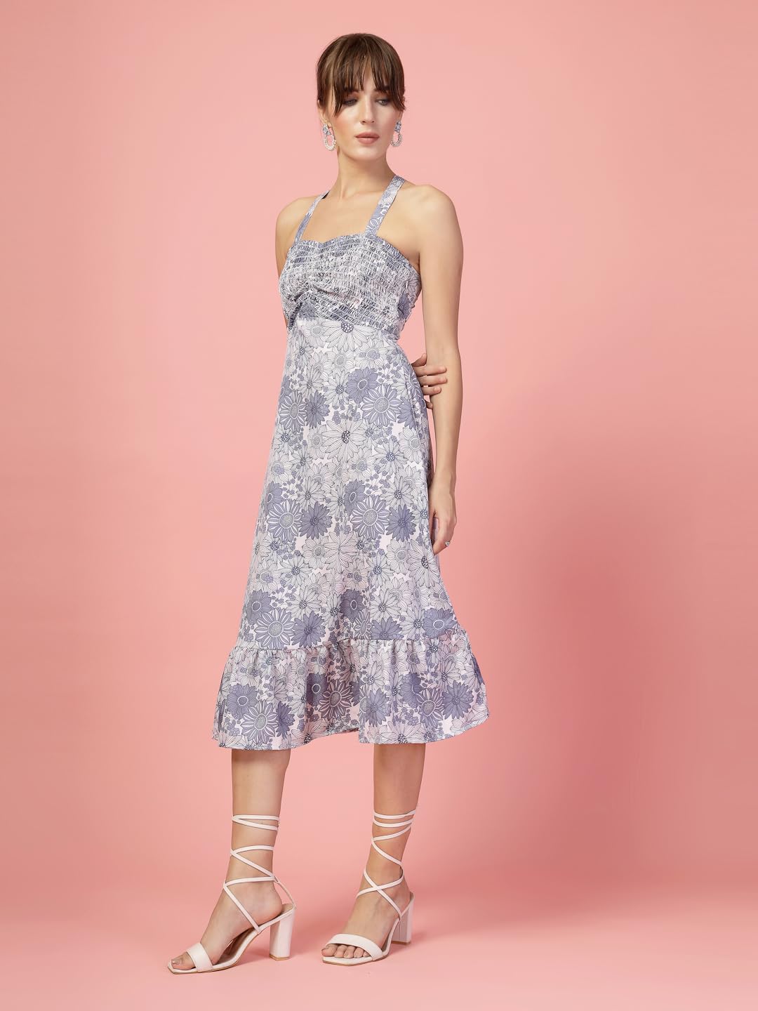 OOMPH! Women A-Line Printed Crepe Midi Dress, Smocked Bodice