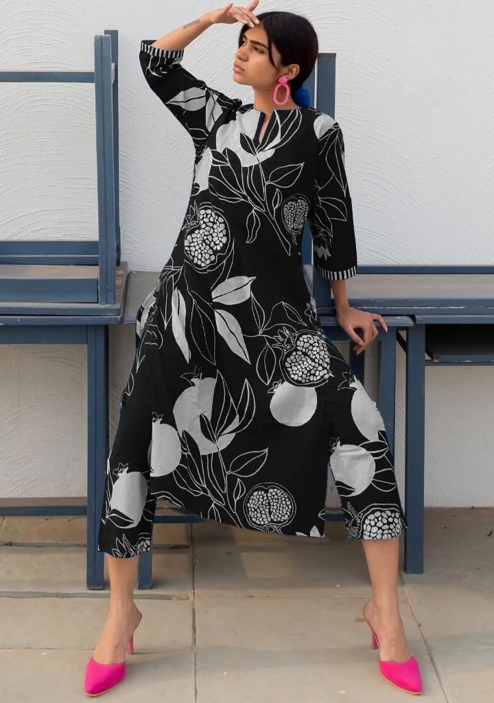 Women's Cotton Blend Straight Printed Kurta with Pant