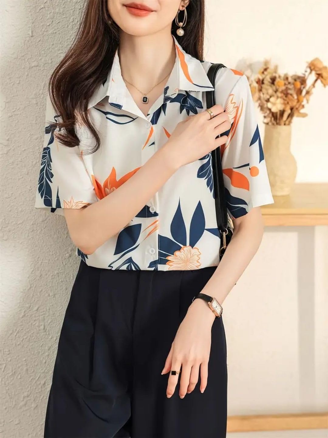 Trendy Queen Women's Short Sleeve Button-Down Shirt | Printed Casual Crop Top | Stylish Collared Shirt for Women | Oversized Shirt for Women
