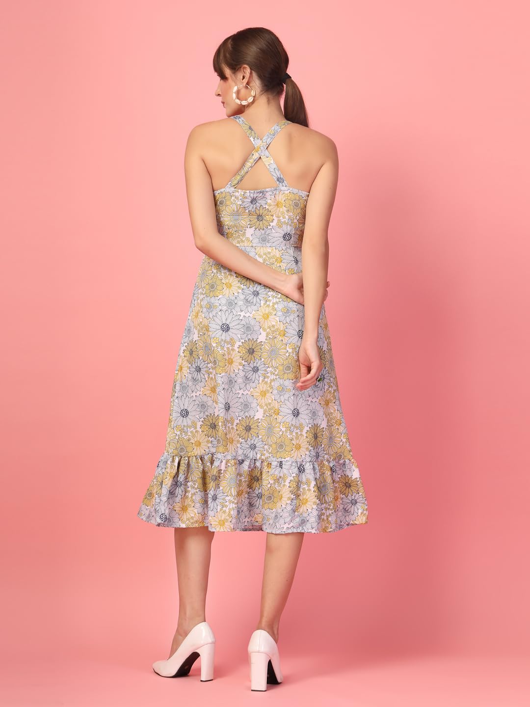 OOMPH! Women A-Line Printed Crepe Midi Dress, Smocked Bodice