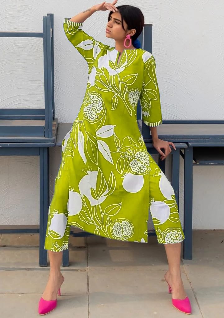 Women's Cotton Blend Straight Printed Kurta with Pant