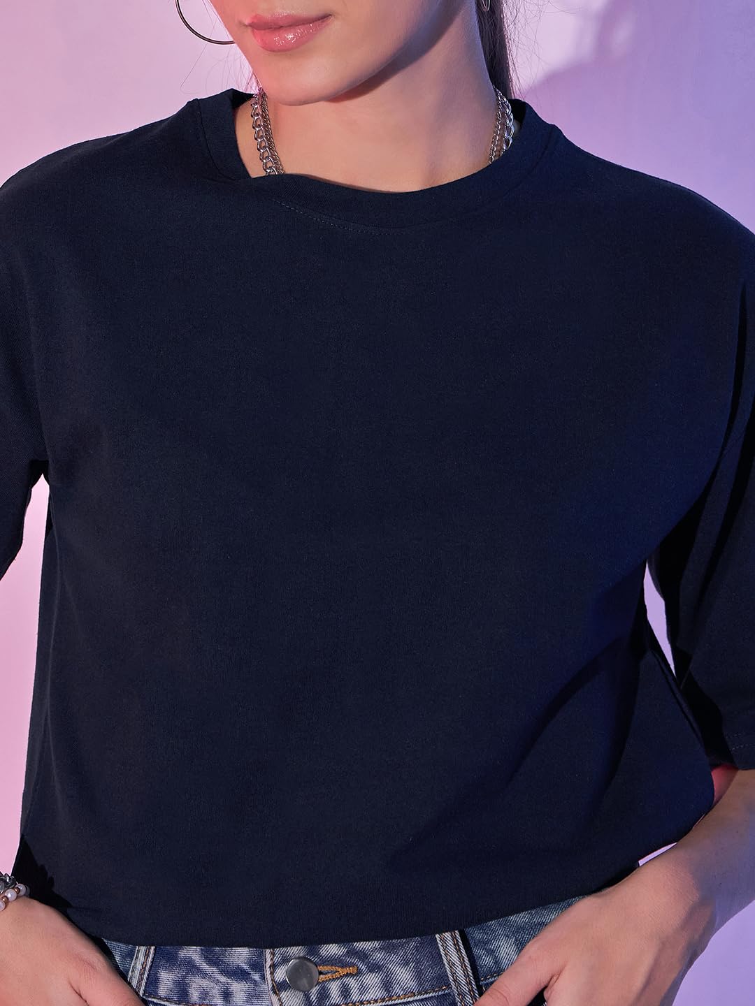 Boxy Fit Drop Shoulder Baggy Fit Cropped Tshirts Cotton Solid Loose Fit Round Neck Women Short T-Shirt