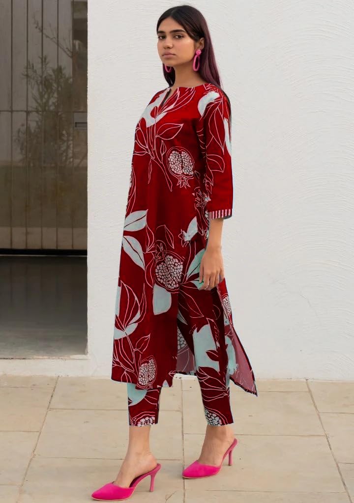 Women's Cotton Blend Straight Printed Kurta with Pant