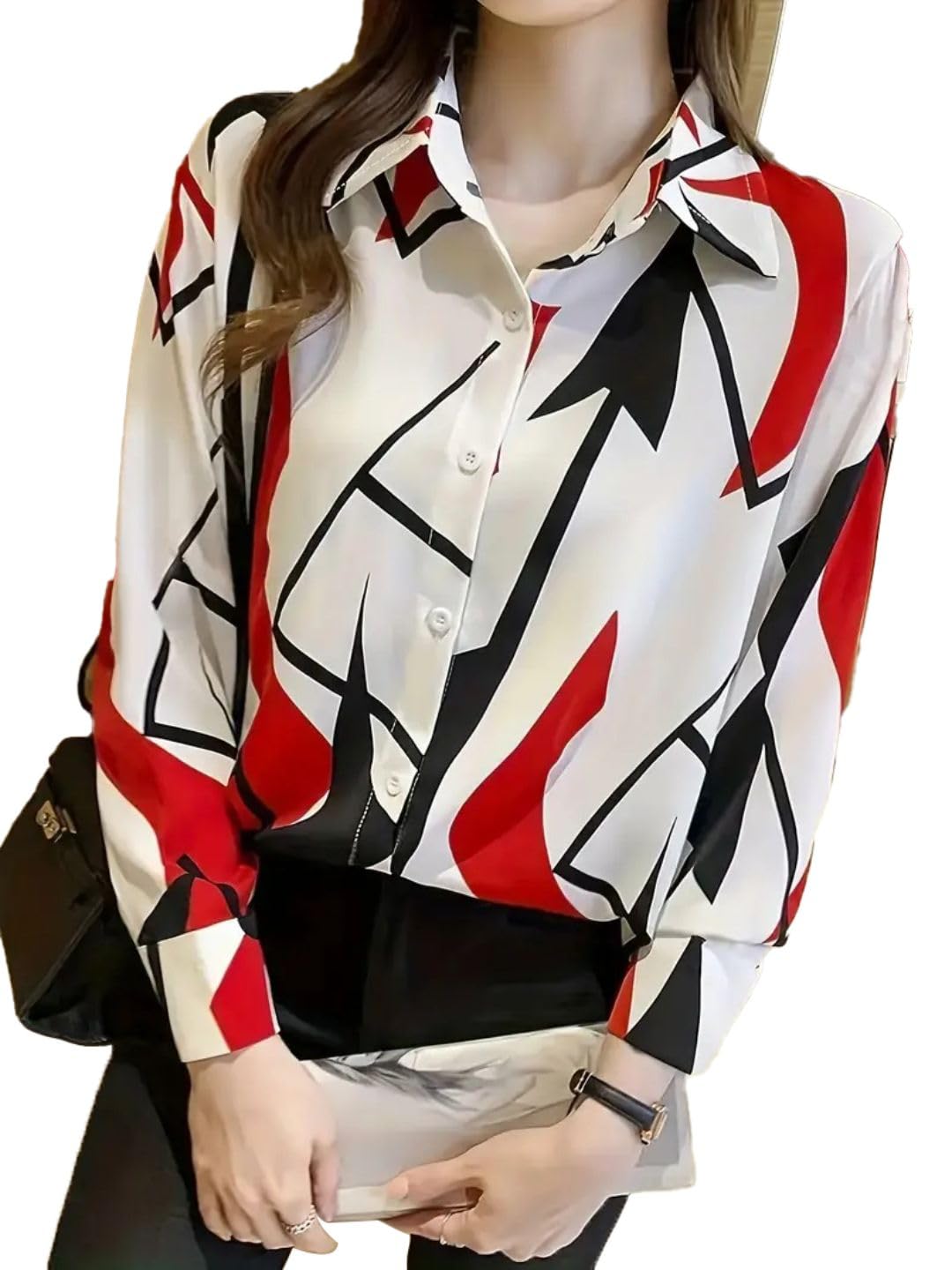 Trendy Queen Women's Short Sleeve Button-Down Shirt | Printed Casual Crop Top | Stylish Collared Shirt for Women | Oversized Shirt for Woman