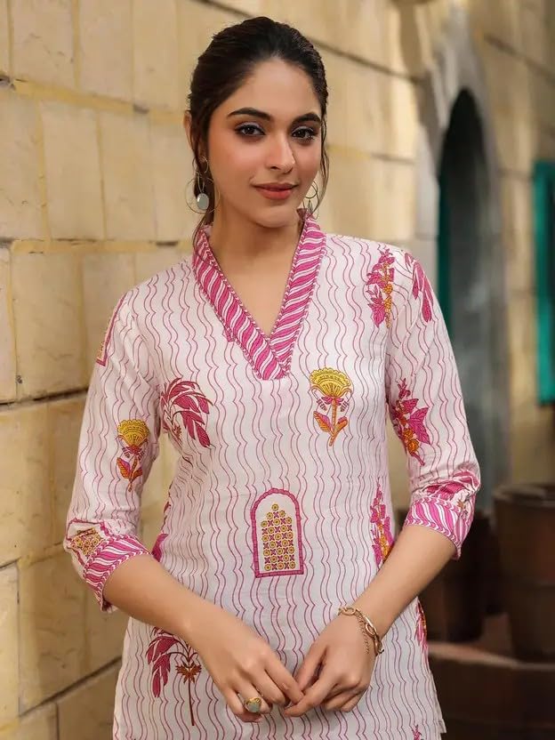 AZQU Women's Rayon Floral Printed V-Neck Kurti Top