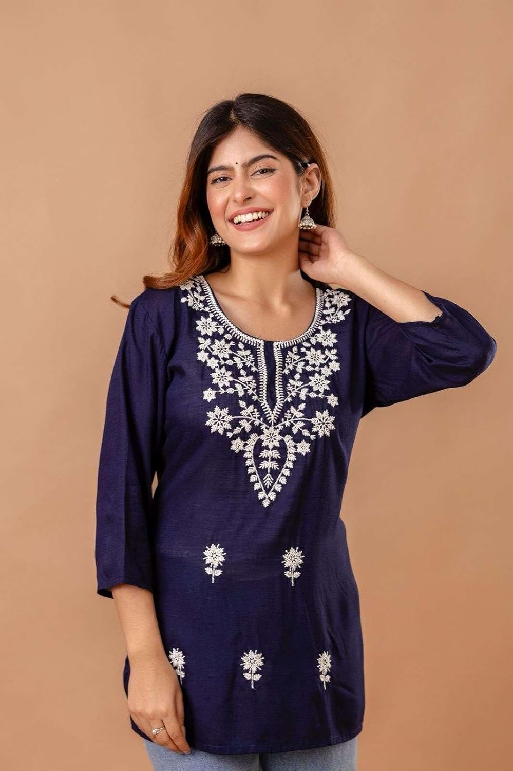 Women's Cotton Kurti with White Floral Embroidery