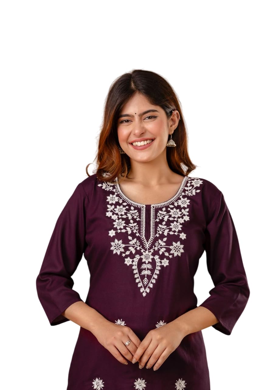 Women's Cotton Kurti with White Floral Embroidery