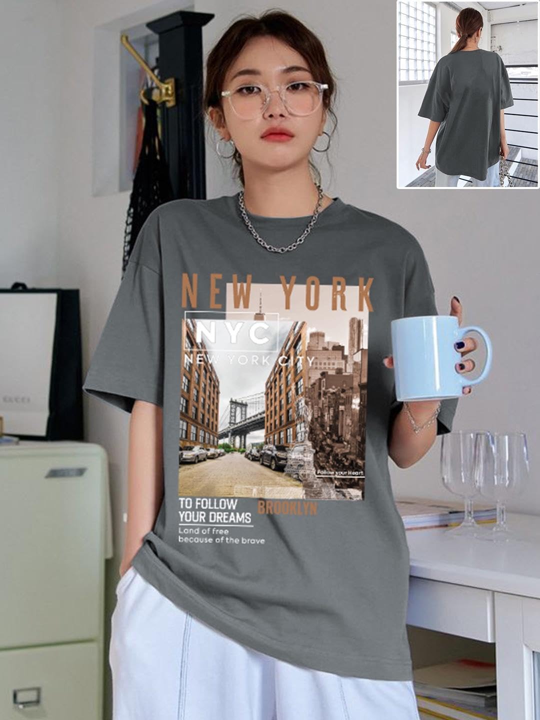 CHKOKKO Women's Polyester Oversized Fit Oversized Round Neck Drop Shoulder Printed T-Shirt
