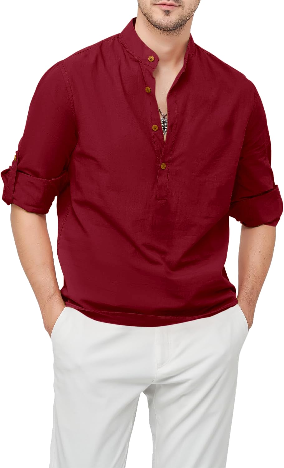 Zombom Men's Cotton Blend Mandarin Collar Self