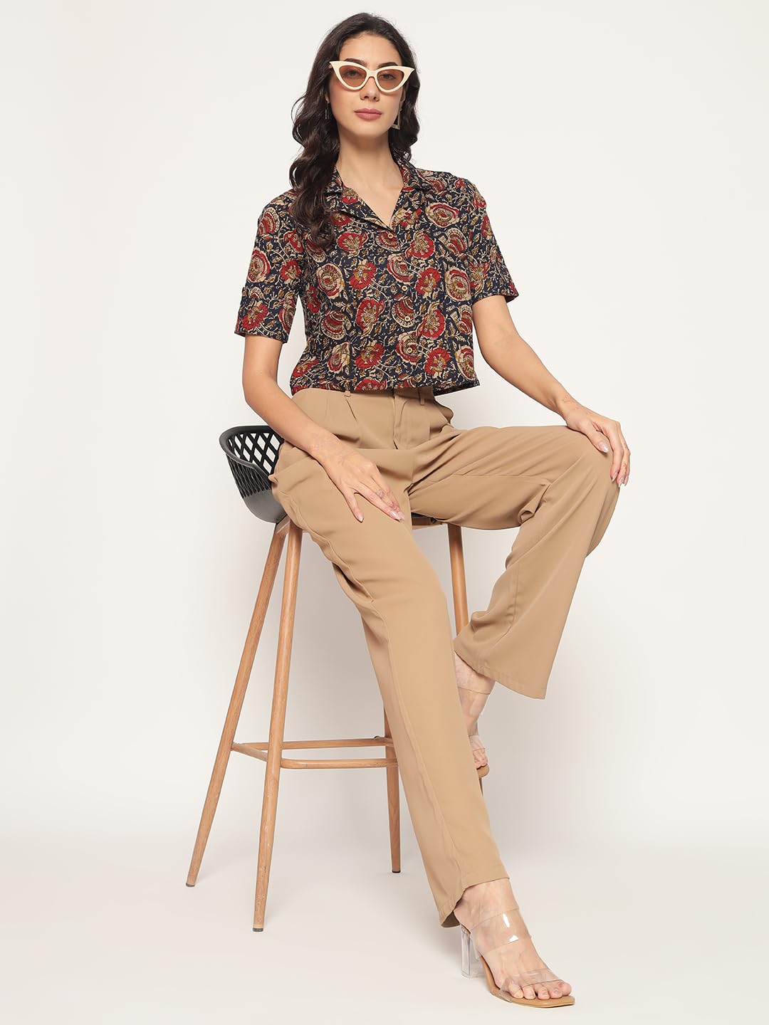 HION HILS Women's Kalamkari Printed Cuban Collar