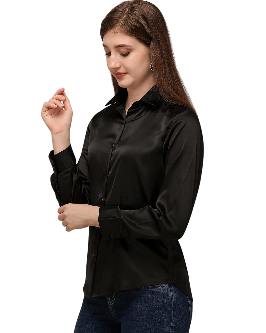 Bowrain Satin Silk Fabric Spread Collar Full Sleeve Top