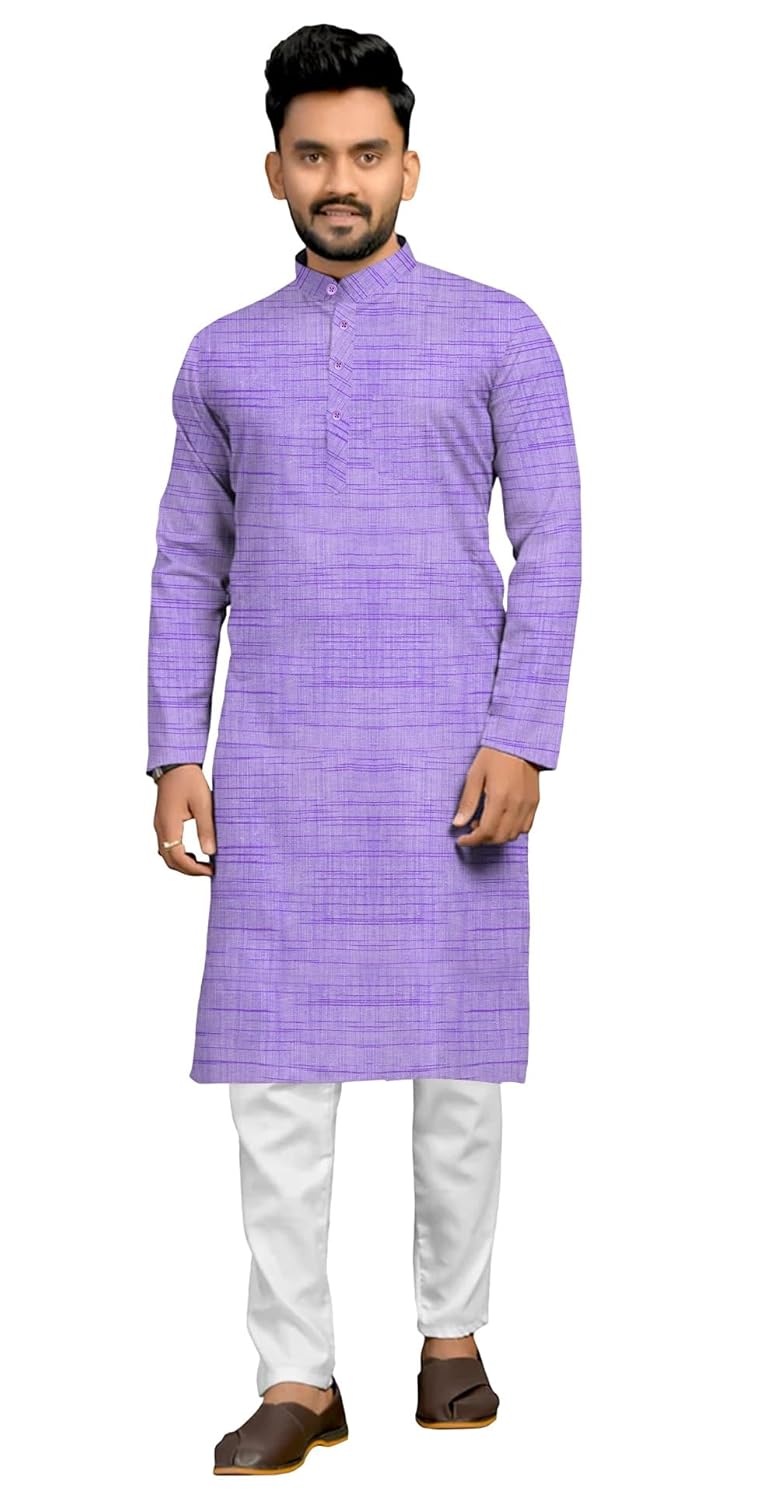 Mens Cotton Blend Full Sleeves Solid Casual Long Kurta