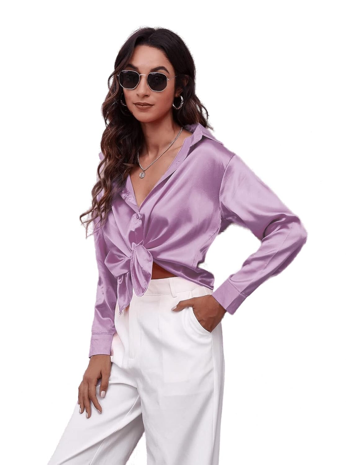 Bowrain Satin Silk Fabric Spread Collar Full Sleeve Top