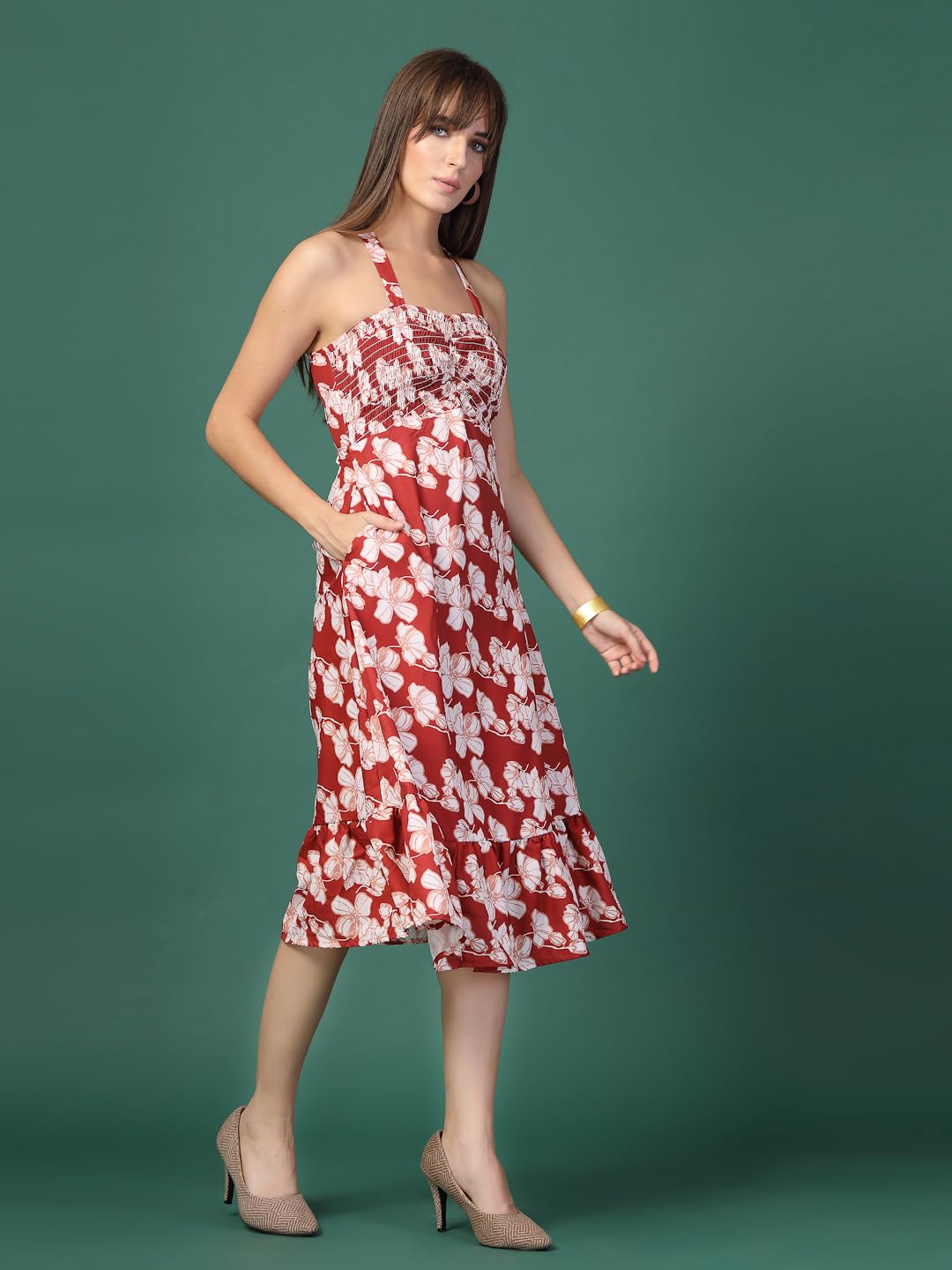 OOMPH! Women A-Line Printed Crepe Midi Dress, Smocked Bodice