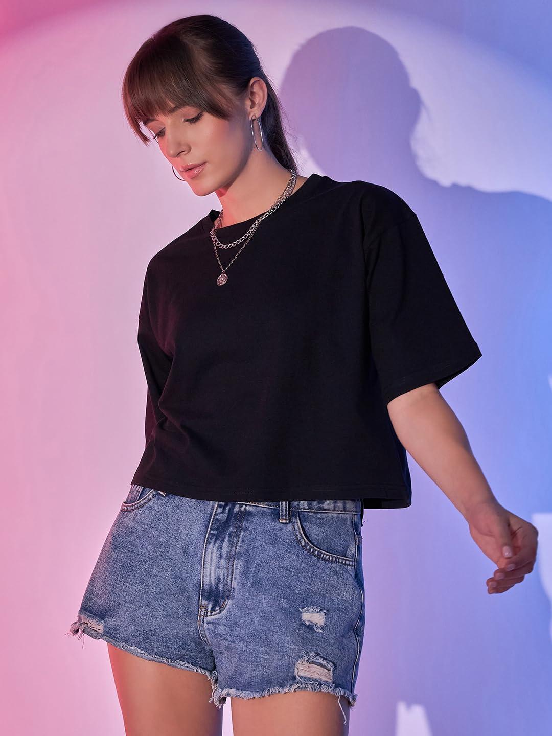 Boxy Fit Drop Shoulder Baggy Fit Cropped Tshirts Cotton Solid Loose Fit Round Neck Women Short T-Shirt