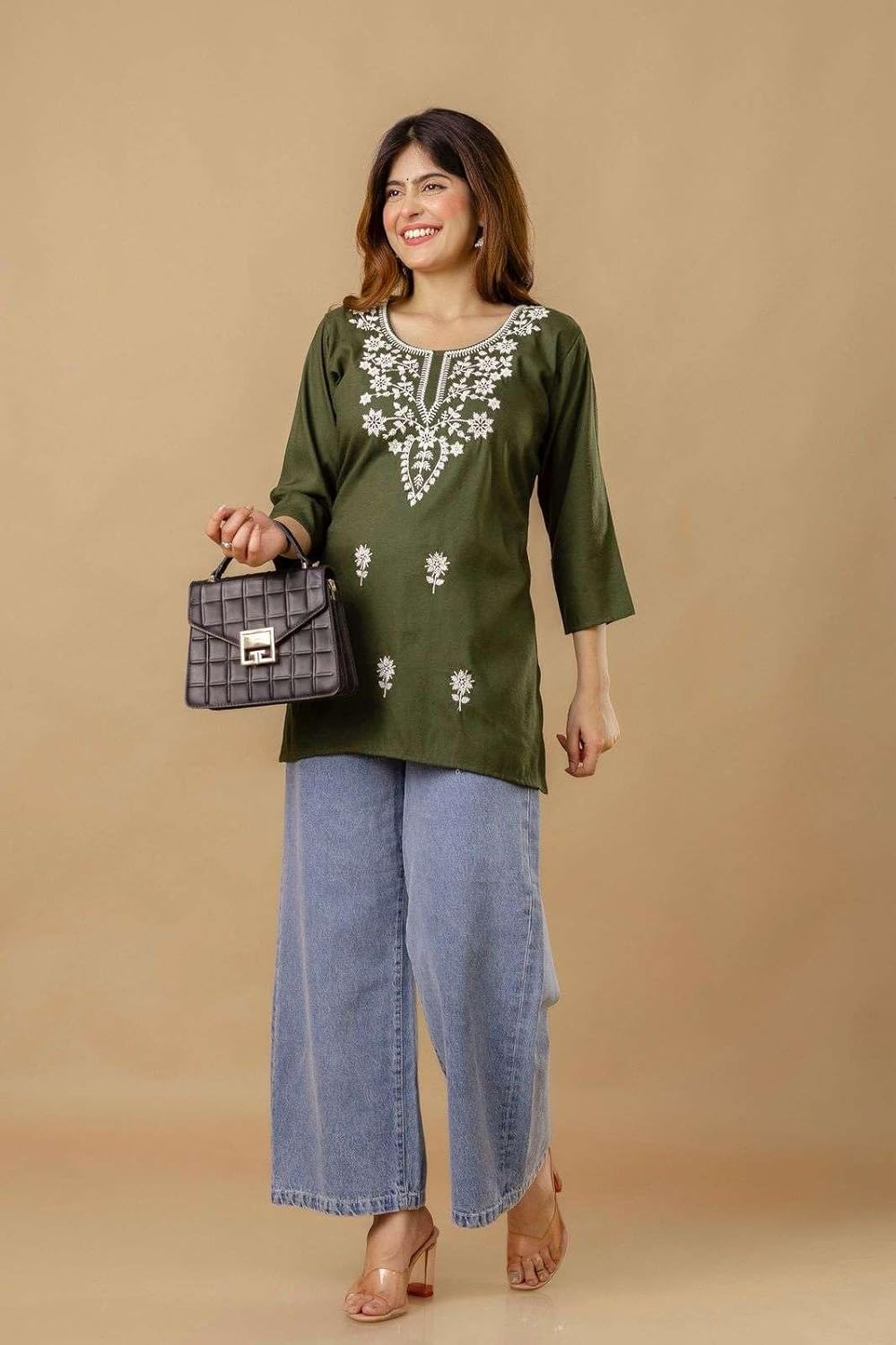 Women's Cotton Kurti with White Floral Embroidery