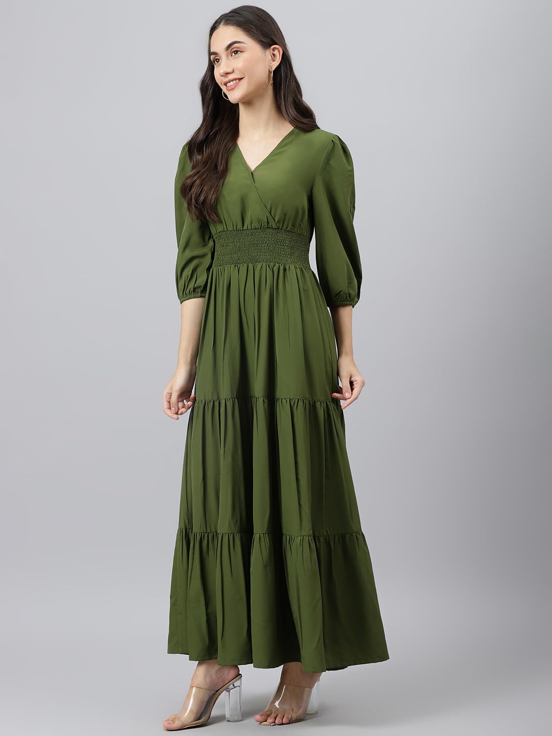 DEEBACO Women's Fit & Flare Maxi Dress|V-Neck|Full Length Long Dresses for Women|A-Line Dress|Stylish for Ladies|Beach Dress for Women