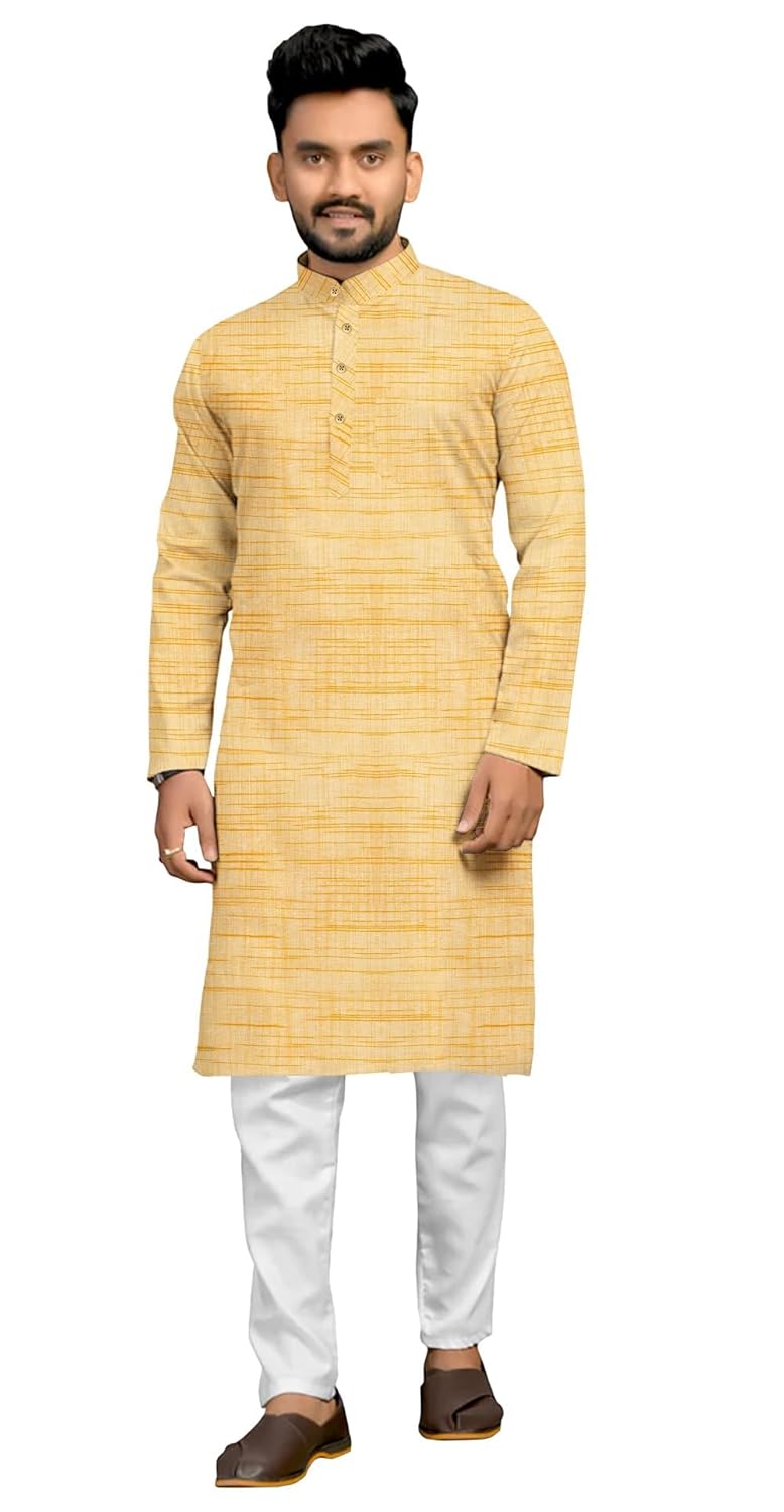 Mens Cotton Blend Full Sleeves Solid Casual Long Kurta